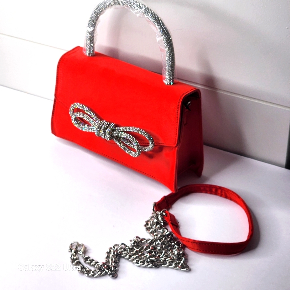 Women's Rhinestone Bow Accent Top Handle Red Satin Flap Handbag - Picture 8 of 11